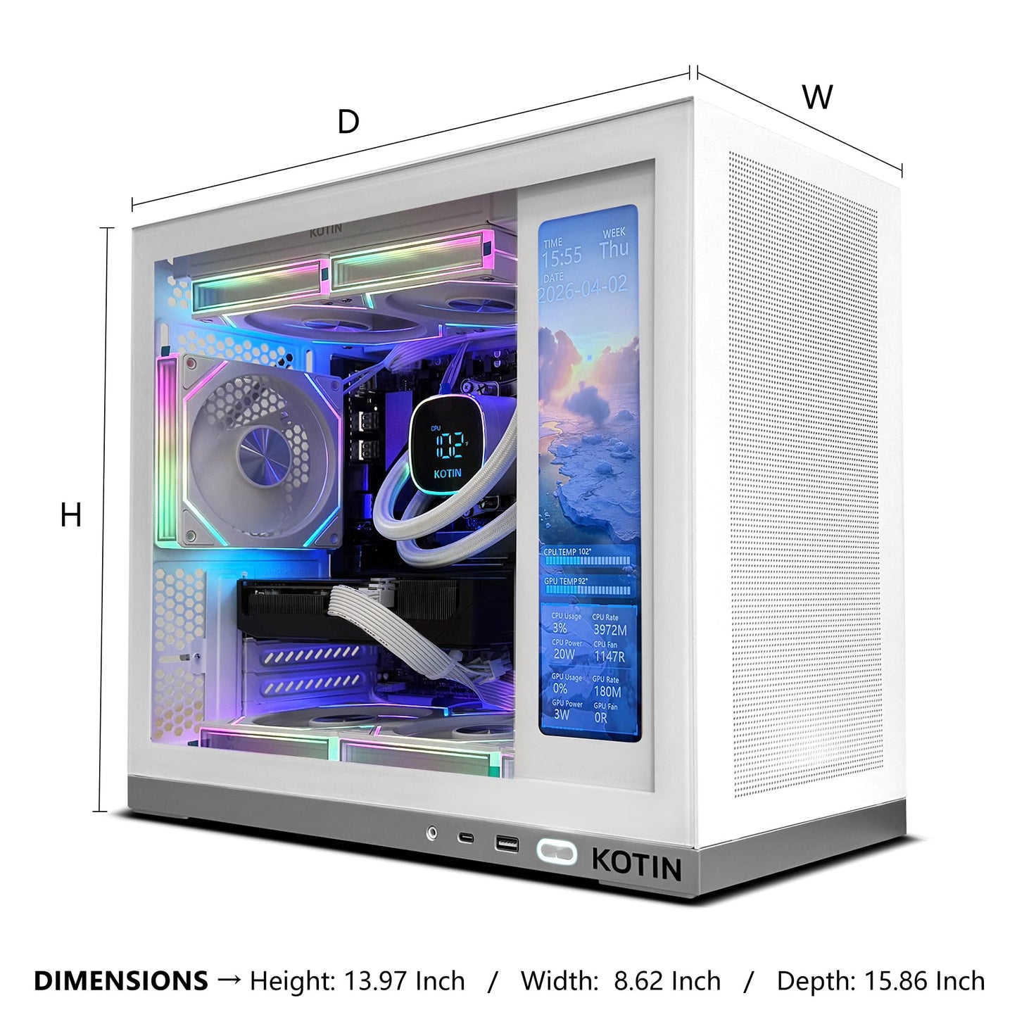 KOTIN Prebuilt Gaming PC Desktop Computer, Ryzen 7 7800X3D, RTX 5060 Ti 8GB, 32GB DDR5 6000MHz, 1TB PCIe 4.0 SSD, 11.3" Display, 240mm Liquid Cooler, WiFi 7, Windows 11 Home, ARGB White Tower G50W