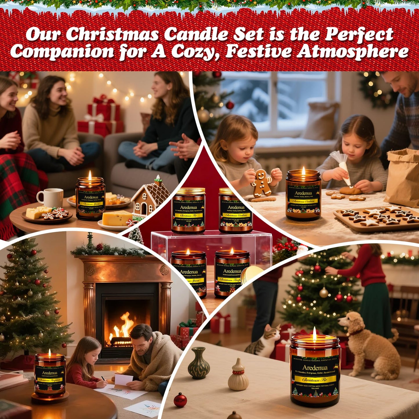 Holiday Candles Set | 4 Pack Holiday Scented Candles, Hand Poured Soy Candles for Home Scented - Christmas Candle Gifts for Women and Men - Scents of Fir/Spices/Cookies/Fireplace