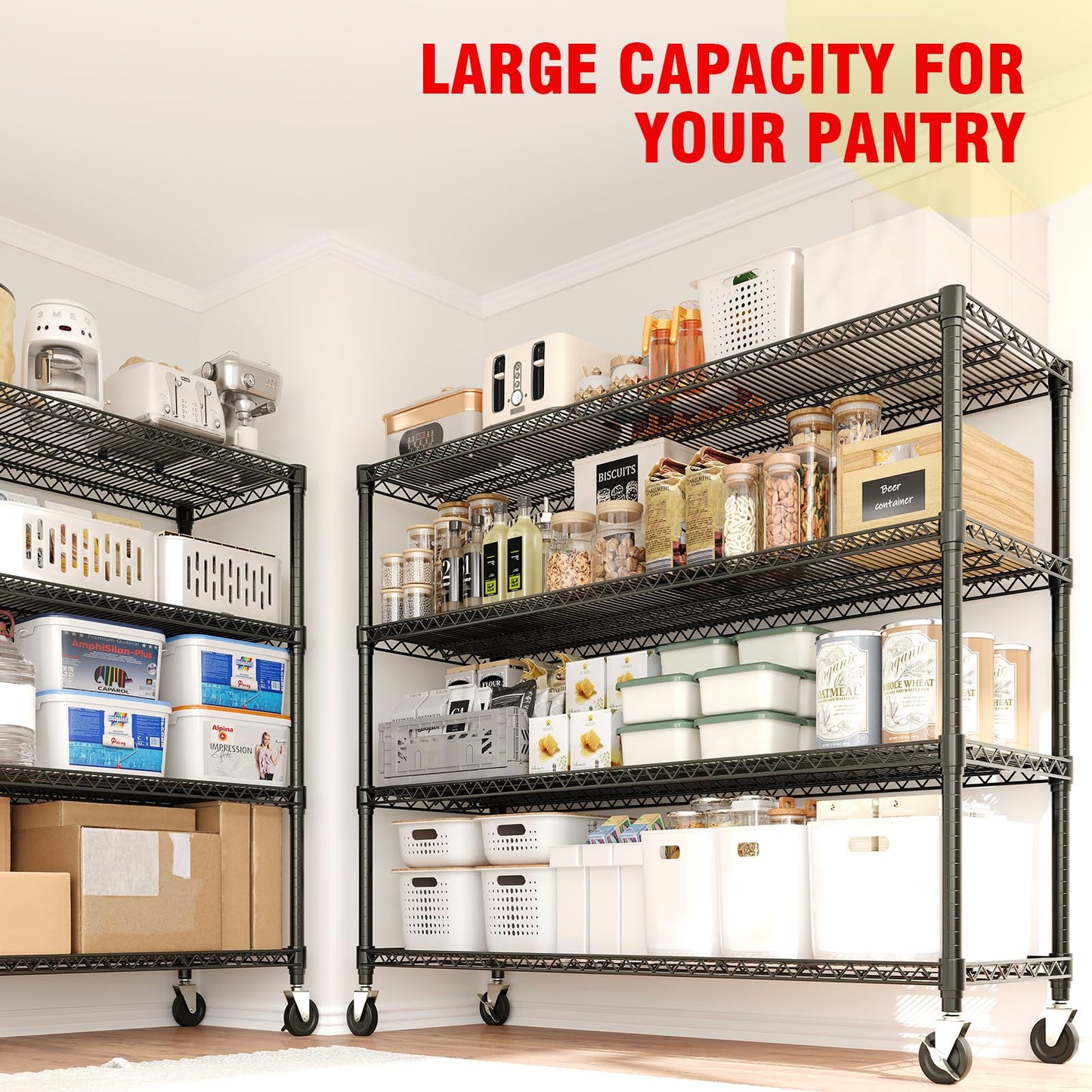 Metal Shelving Unit with Wheels, 72"H x 59"W x 17.7"D Garage Storage Shelves 4-Tier, Heavy Duty 2640LBS, Adjustable, Industrial Wire Rack Shelving Organizer, for Basement Home Office Kitchen, Black