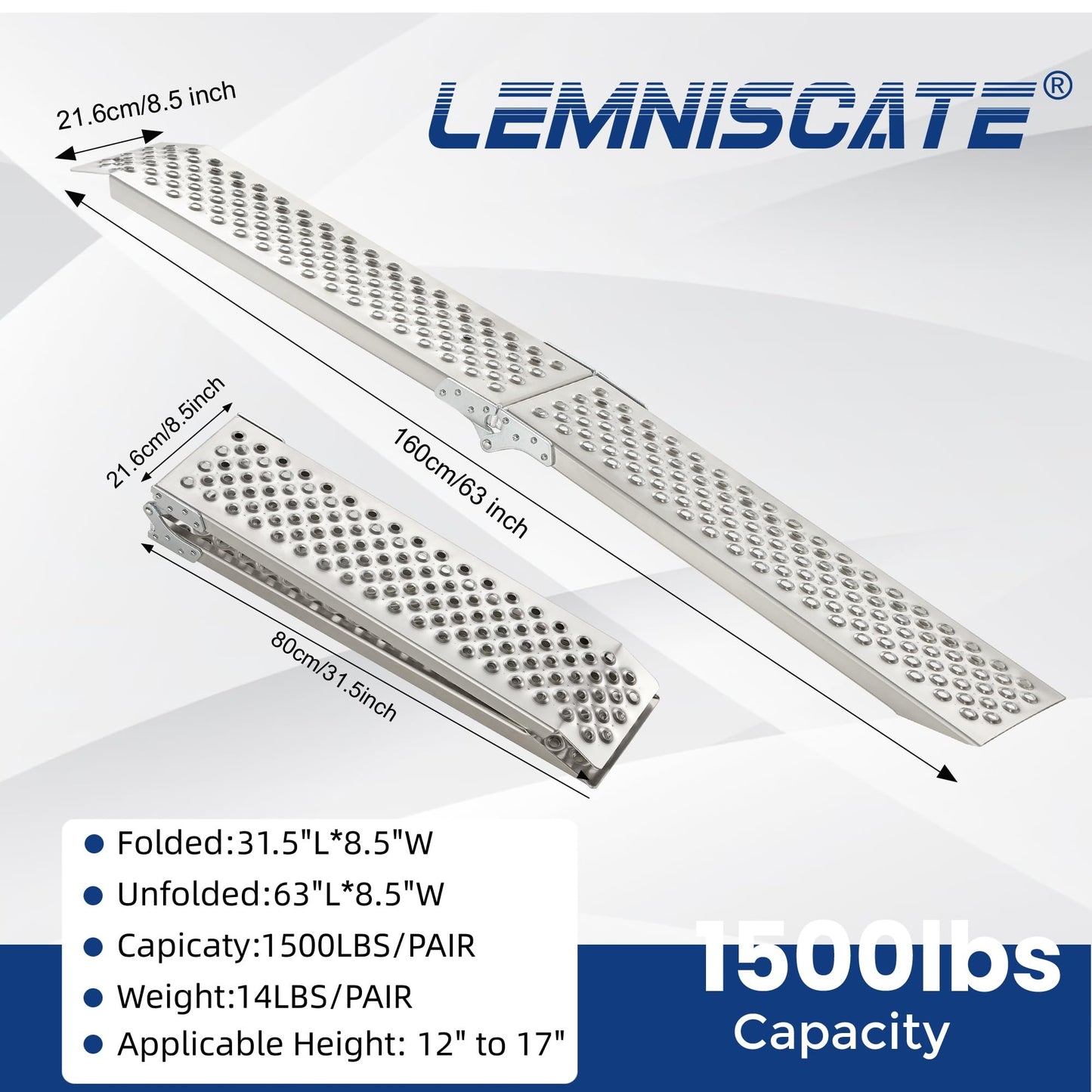 LEMNISCATE Loading Ramps, Portable Aluminum Ramps, 1500lbs Capacity per Pair, Truck Ramp for Lawn Mower, Motorcycles, Trailers, Dirt Bikes, Carts, 63''L x 8.5''W