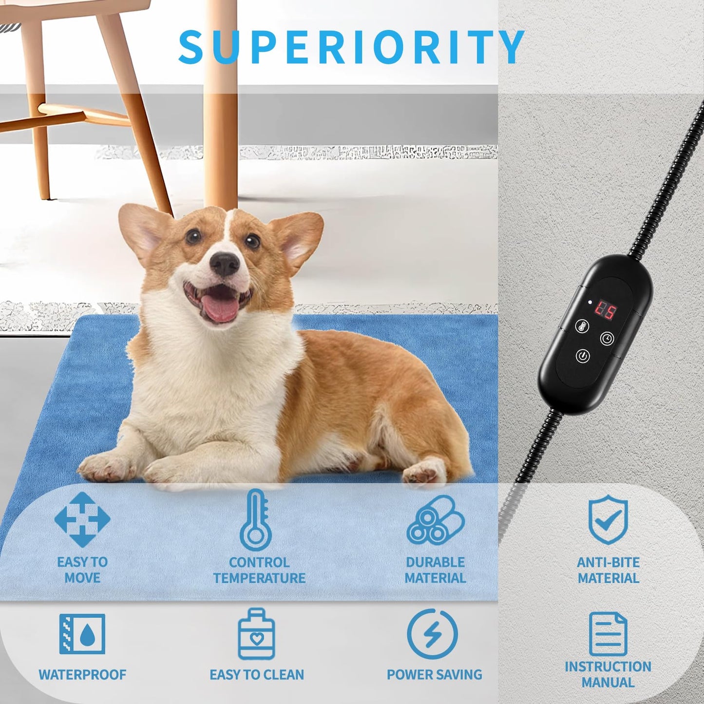 KEKELAN Pet Heating Pad for Dogs, Indoor Outdoor Waterproof Electric Heated Pad Mat for Cats with Chew Resistant Cord,5 Timer and 6 Level Temperature Pet Bed Warmer-15.7x27.5