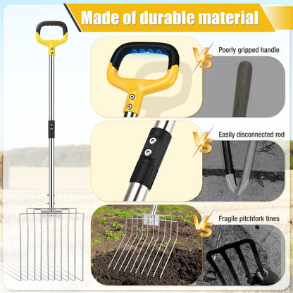 AugFir Pitchfork for Gardening, 50" Multifunctional Stainless Steel Garden Pitchfork with Handle, Suitable for Shoveling, Fertilizing, Transplanting, Mulching Garden Fork - 10 Tines