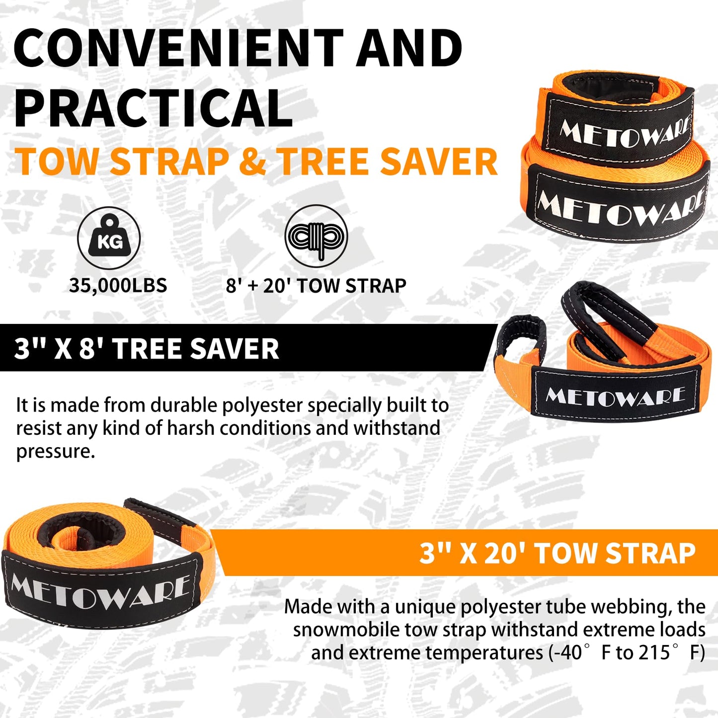 METOWARE Offroad Recovery Kit - 3" x8' Tree Saver, 3" x20' Tow Strap, 10 Ton Heavy Duty Snatch Block Pulley, 2pk 3/4" D Ring Shackles and Winch Line Dampener Bag