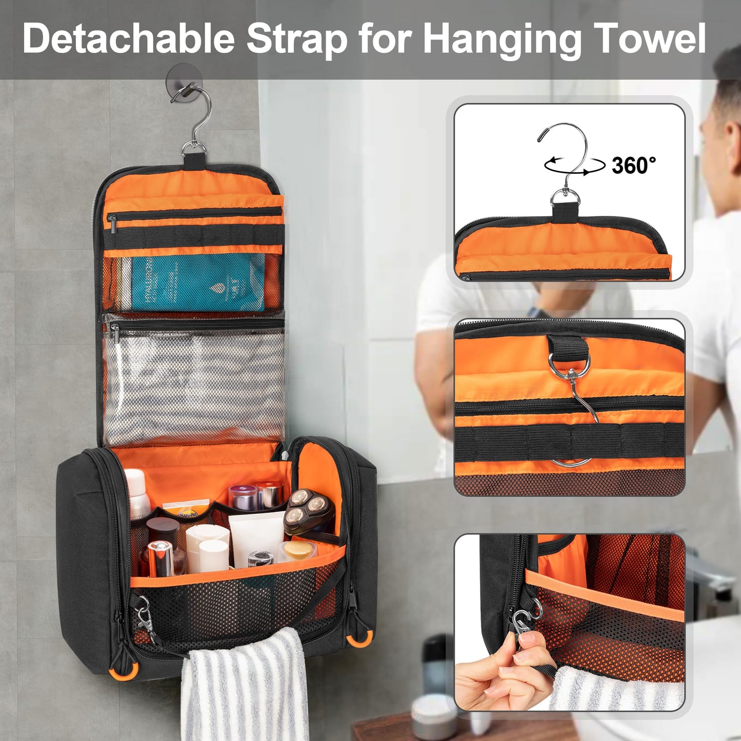 Prokva Tactical Toiletry Travel Bag for Men, Hanging Dopp Kit Hygiene Bag Shower Organizer with Hook for Toiletries and Shaving Care, Black (Empty Bag)