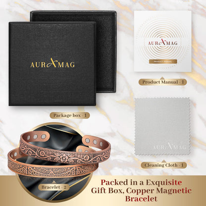 Auramag Copper Bangle for Women, Magnetic Cuff Bangle with 3500 Gauss Magnets, 100% Pure Copper Jewelry with Gift Box(Set of 2)