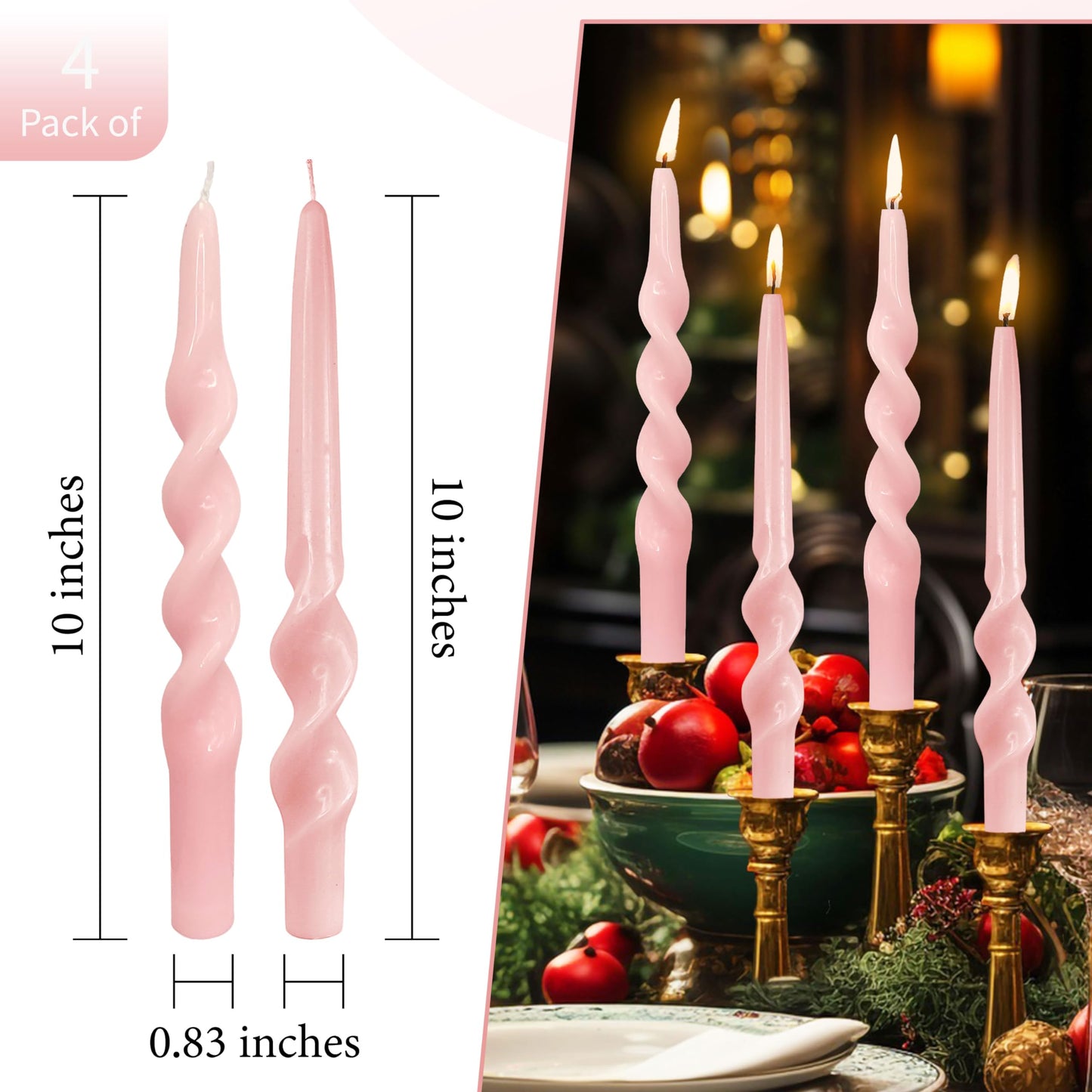 Spiral Candle Pink 10 Inch Tall Taper Candle 4 PCS Unscented Candles Sticks Smokeless Tapered Candles for Home Party Wedding Decoration Valentine's Day Anniversary & All Special Occasions