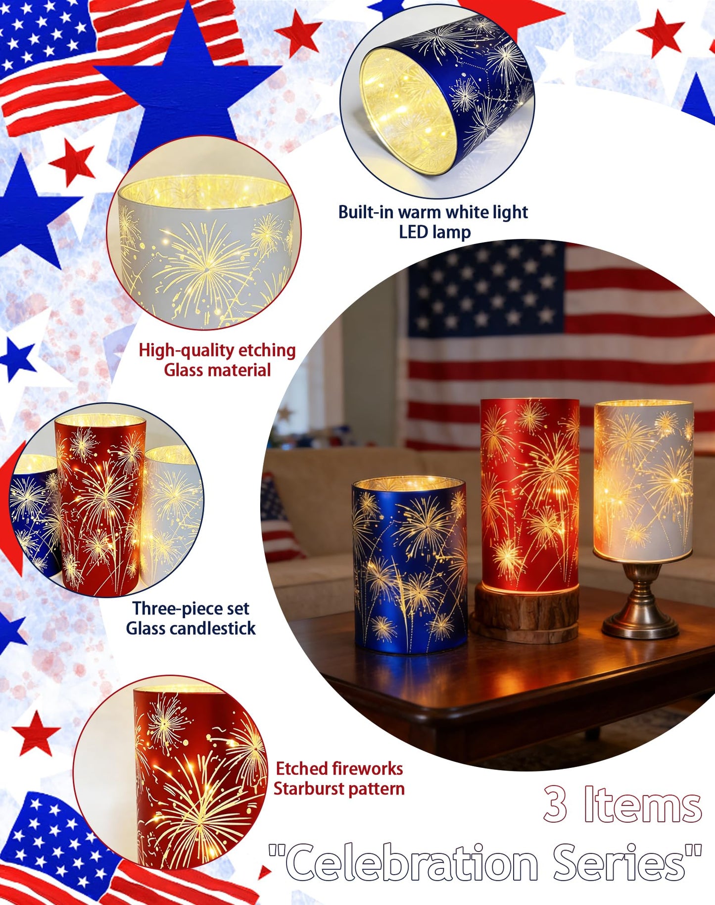 Set of 3 Celebration Fireworks Glass Hurricanes, New Etched Firework Starburst Glass Hurricane Lamp with LED Lights, 250 Anniversary America Centerpieces for Mantel, Dining Table (Warm Light-A)