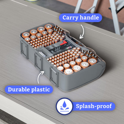 THE BATTERY ORGANISER Storage Case with Tester, Stores & Protects Up to 180 Batteries, Hinge Clear Cover with Locking Lid, Garage Gadget Organization Holds AA AAA C D and More, Gray