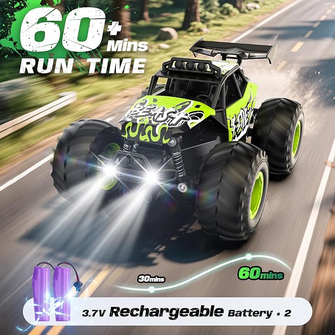 Remote Control Car All Terrain RC Cars with Speed Switch RC Truck with LED Headlight and Rechargeable Batteries 20KM/H Monster Truck Toys Gift for Boys 6-8 8-12 Green