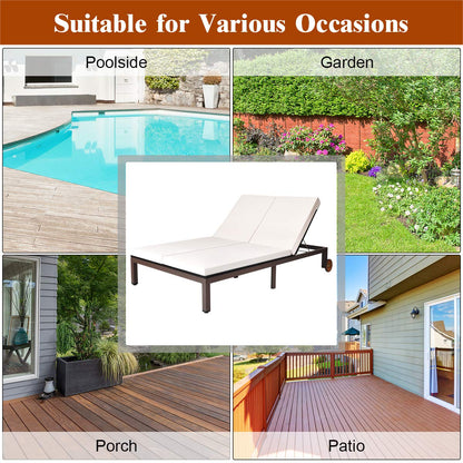 Tangkula 2-Person Patio Lounge Chair, Outdoor Rattan Double Wicker Daybed Chaise with Adjustable Backrest Wheels & Cushion, Loveseat Sofa for Garden Lawn Backyard (Cream)