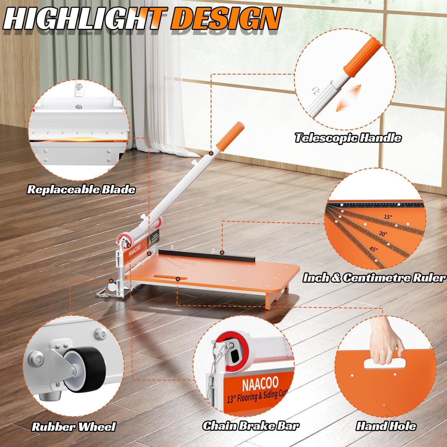 Heavy Laminate Floor Cutter with Replacement Blade, NAACOO 13“ Vinyl Floor Cutter with wheel,Vinyl Plank Cutter – Just 1 Step Meet Angle&Length Cutting,