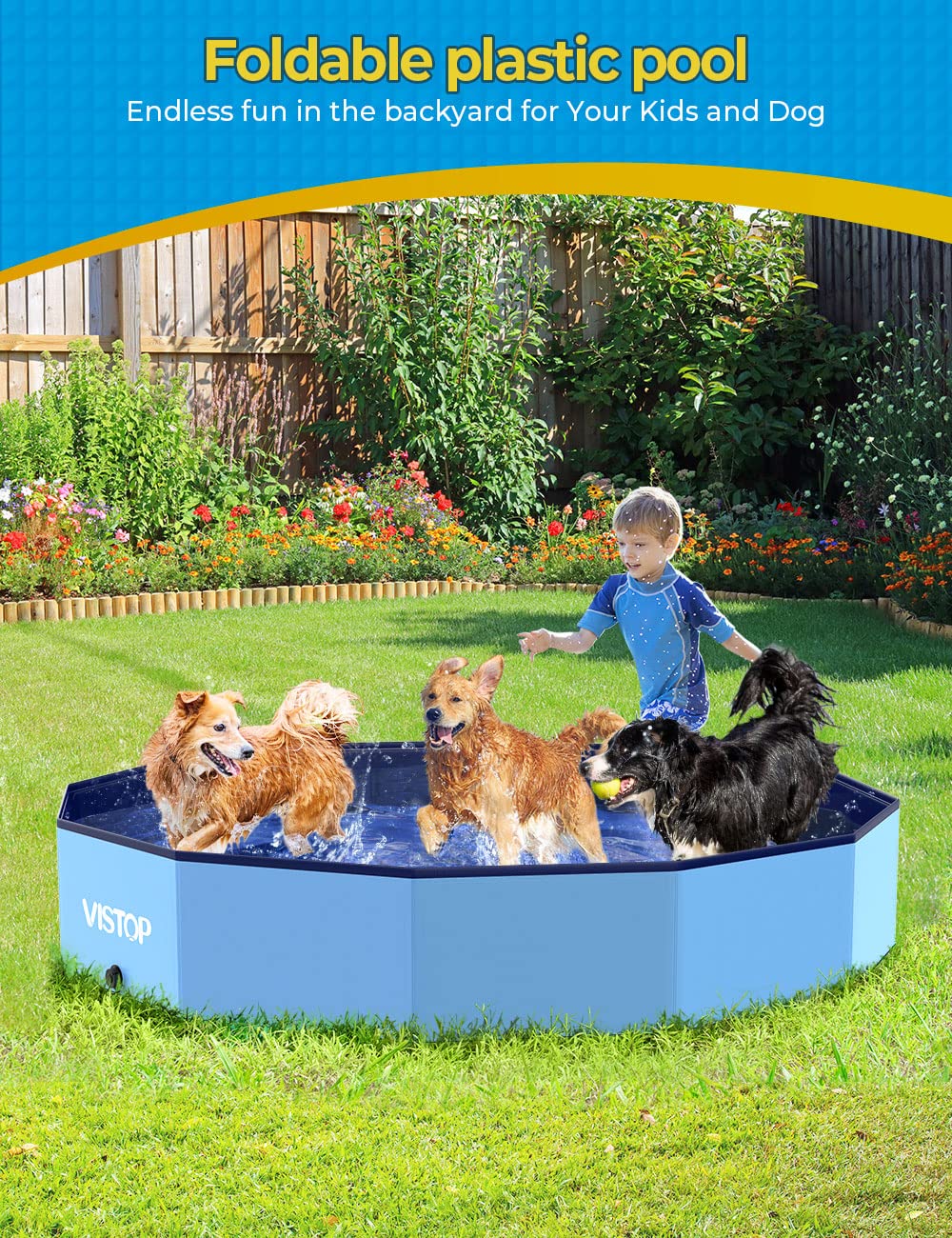 VISTOP Extra Large Foldable Dog Pool XXL, Hard Plastic Shell Portable Swimming Pool for Dogs Cats and Kids Pet Puppy Bathing Tub Collapsible Kiddie Pool (67inch.D x 11.8inch.H, Blue)