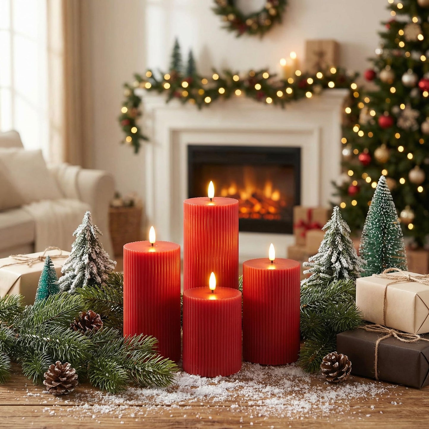 Girimax Red Ribbed Flameless Pillar Candles with Remote, Flat Top Flickering LED Wax Candles Battery Operated Set of 4