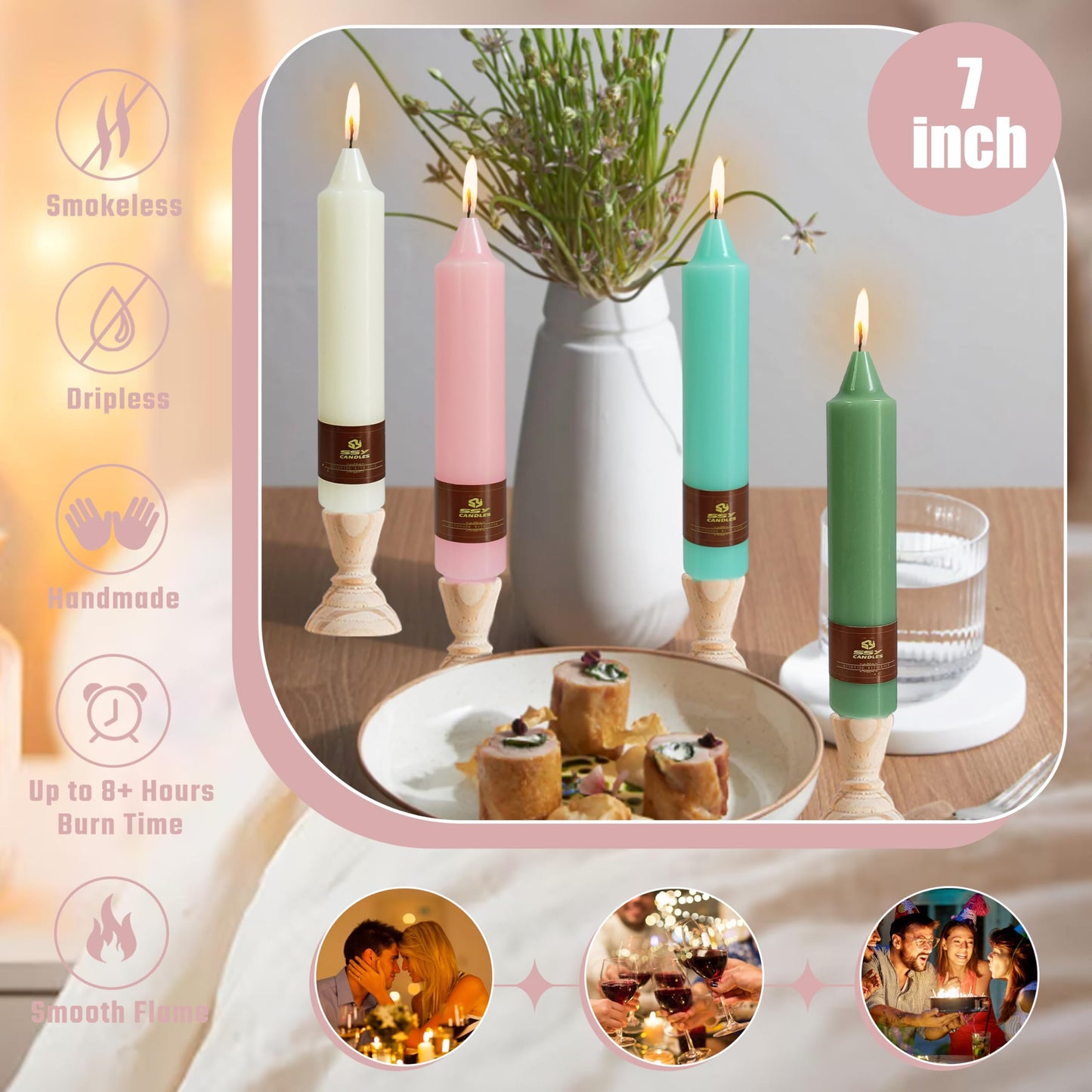 Pastel Candle Short Taper Candle 7 Inch Candlesticks Unscented Dripless Tapered Candle Set for Home Decor Wedding Party Dinner, 4 Pack