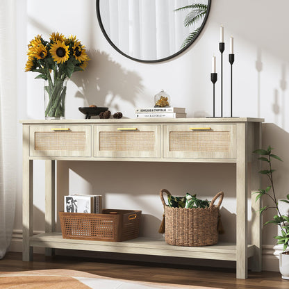 ELYKEN Rattan 51.2" Console Table with 3 Drawer, Entryway Table with Drawer & Shelf, Boho Sofa Table Behind Couch Foyer for Living Room, Hallway, Natural Wood