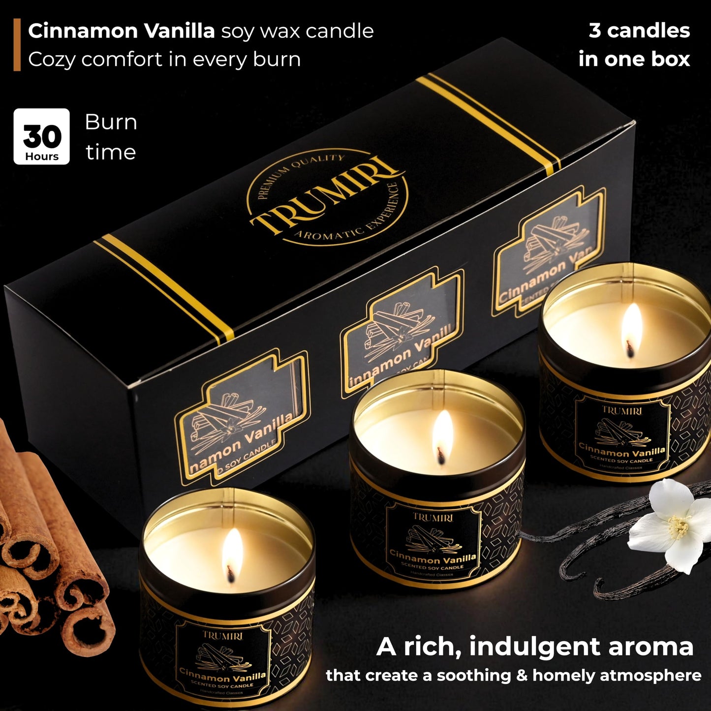 Vanilla Candle with Cinnamon Strong Scented Soy Candel Clean Non Toxic Velas Aromáticas for Women Gift for Fall Christmas Holidays Pack of 3 5Oz Decorative Tin Jars with Lids