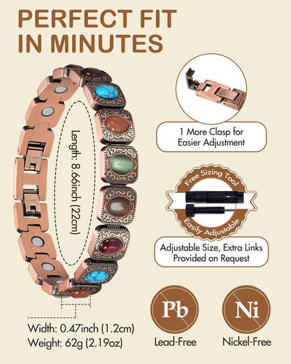 Feraco Pure Copper Bracelets for Women, Ultra Strength Magnetic Copper Bracelet with 3800 Gauss Magnets, Natural Turquoise & Stones, Adjustable, Jewelry Gift
