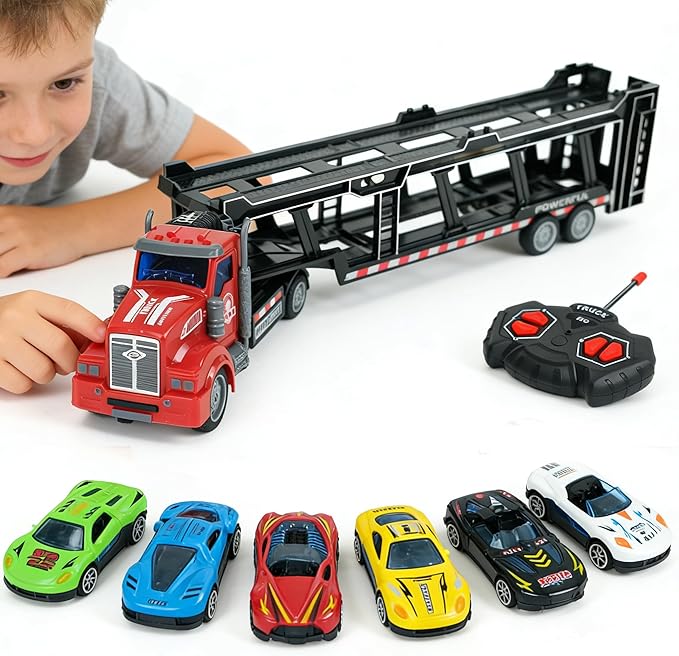 Remote Control Car Transporter Truck Includes 6 Cars 14 1:48 Car Transporter Semi Truck Toy Equipped with 2 Rechargeable Batteries Gifts Ideas for Boys Age 3-8 Year Old