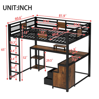 Bellemave Queen Size Loft Bed with Desk and Storage Drawers, Queen Loft Bed Frame with Computer Monitor Stand, Corner Shelf and Hanger Rod, Adults Loft Beds Frame, Black