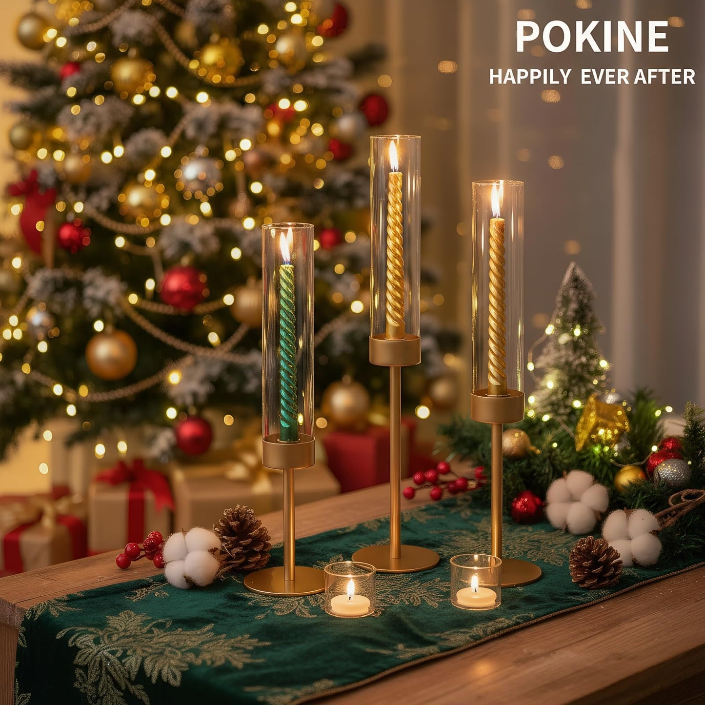 POKINE Set of 6 Gold Candle Holders, Tall Hurricane Candlestick Holders with Glass for Taper and Pillar Candles, Home Decor for Wedding, Christmas, Party, Anniversary, Dining Table