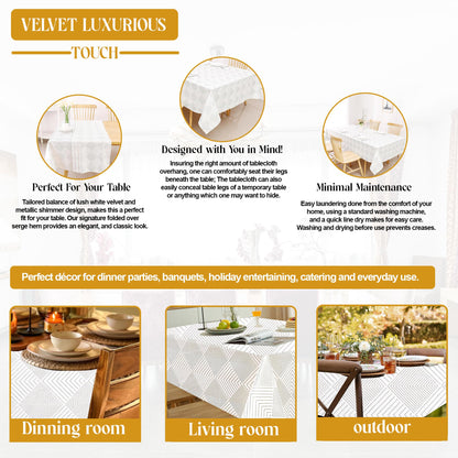 Majestic Giftware Velvet Tablecloths for Rectangle Tables | (70/160) - TC1406 Gold Geometric Print Hem Stitch Dining Table Cover | Decorative Washable Rectangle Tablecloth for Kitchen, Dinning, Party