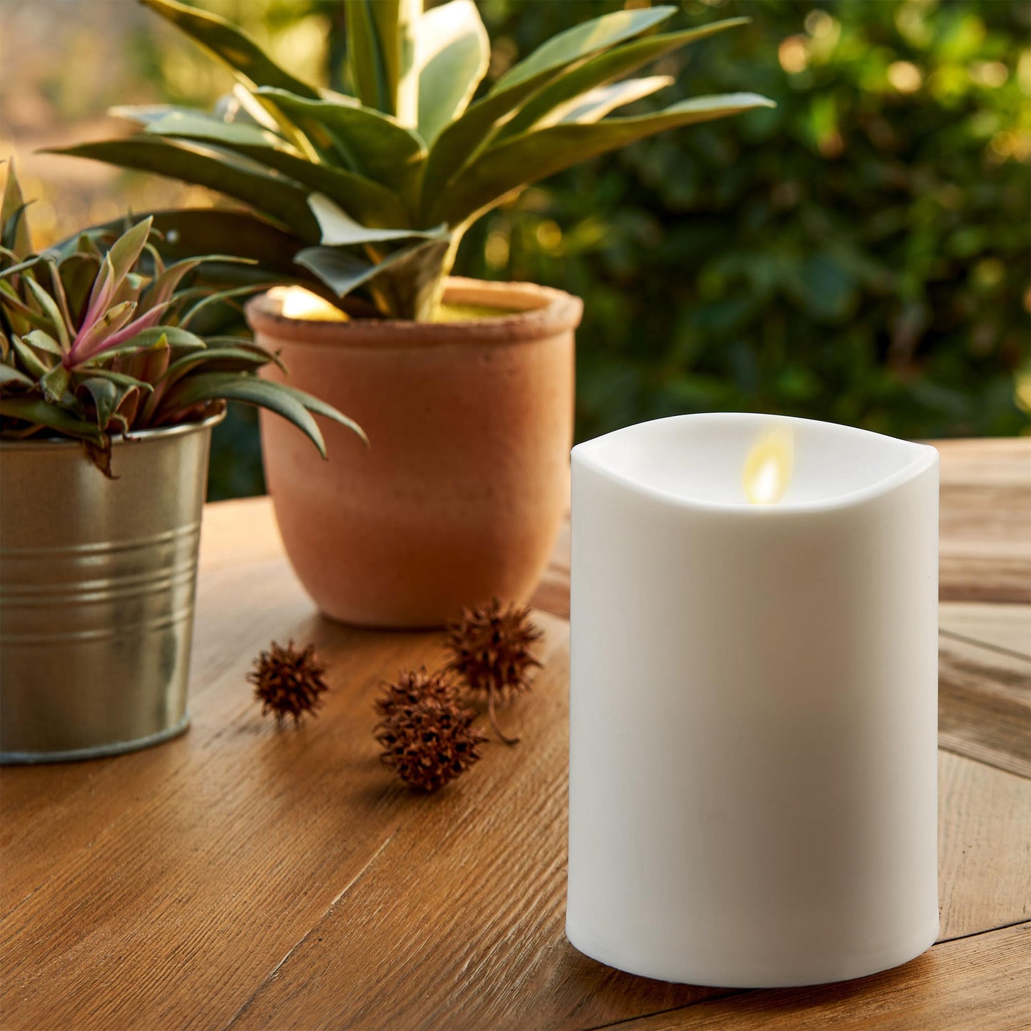Luminara Outdoor Flameless LED Ivory Candle Melted Edge 3.75" x 5" Real Moving Flame Battery Operated Timer Plastic Weather-Resistant