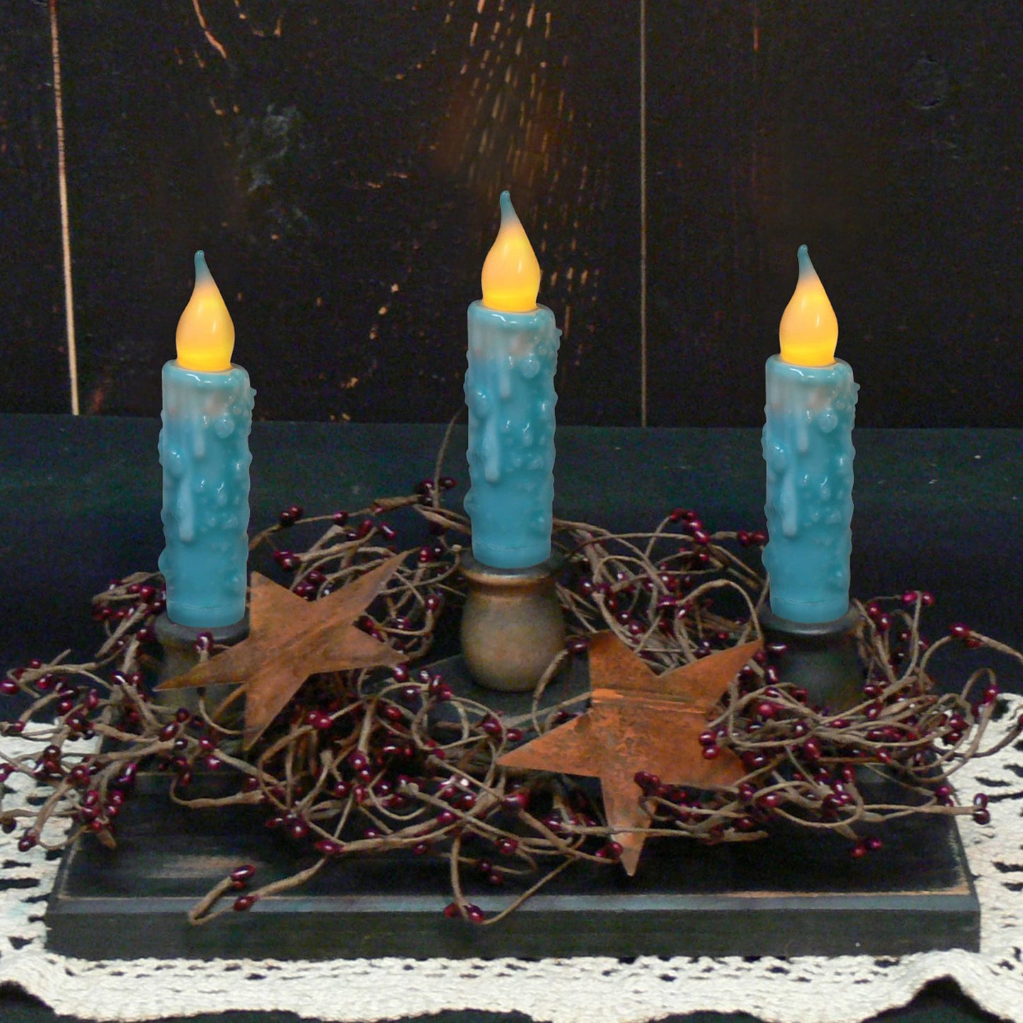 CVHOMEDECO. Real Wax Hand Dipped Battery Operated LED Timer Taper Candles Rustic Primitive Flameless Lights Decor, 4-3/4 Inch, Teal, 3 PCS in a Package