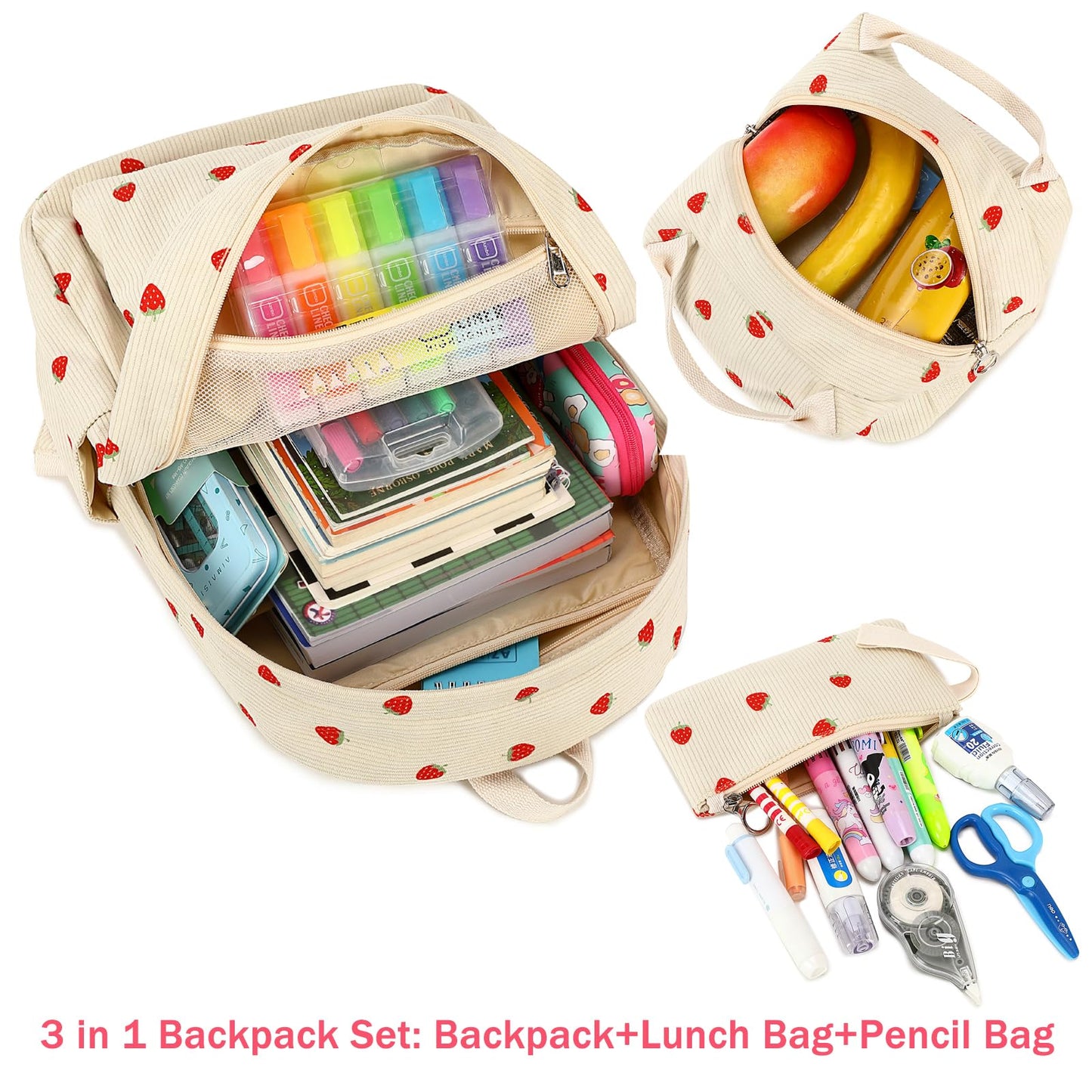 FADOVYE Kids Backpack for Girls Women School Bag Laptop Backpack Casual Daypacks with Lunch Box Pencil Case for Preschool Kindergarten Elementary Bookbag, Strawberry