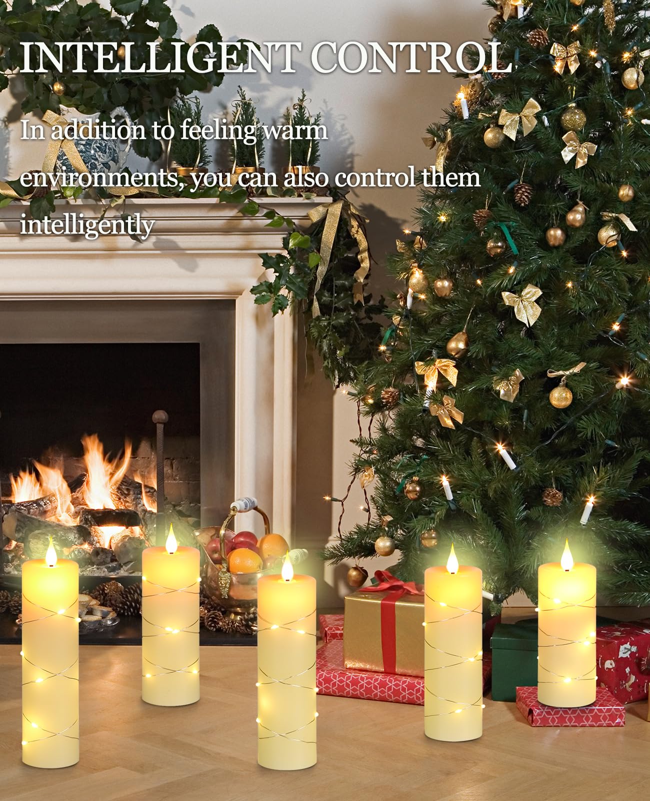 Da by 5 Pack Ivory Real Wax Flameless Taper Candles, Lifelike Flickering LED Flame Candles with Surrounding Fairy String Lights, Battery Candles with Remote for Home Wedding Holiday Decor
