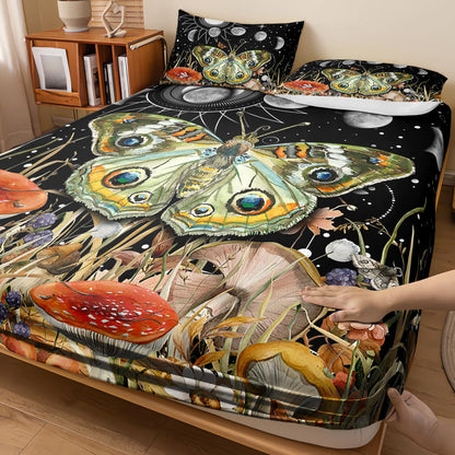 AILONEN Moth Fitted Sheet Set Twin Size,Sun and Moon Bedding Set for Kids Girls Boys,Boho Natural Mushroom Plants Bed Sheet Set,Starry Night Bedsheets Set,3 Pieces, 1 Fitted Sheet + 2 Pillowcases