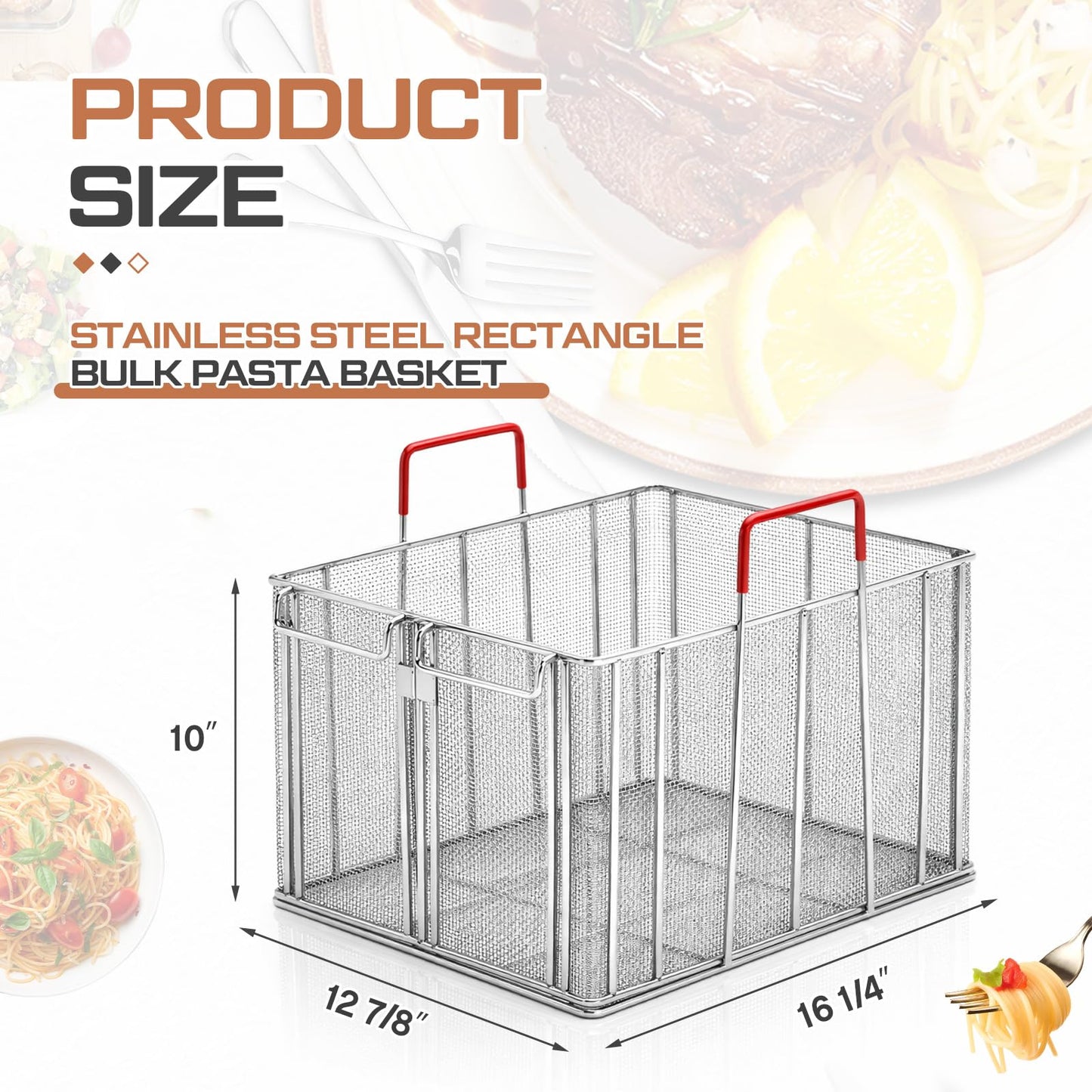Sawysine Stainless Steel Pasta Basket, 16 Inch Large Rectangle Pasta Boil & Strainer Basket for Kitchen, Commercial Collander with Insulated Red Handle and Drain Hook