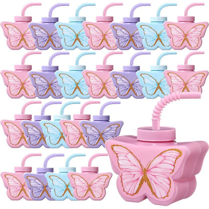 Mifoci 24 Pcs Butterfly Shape Cups Bulk, 10 oz Plastic Butterfly Themed Drinking Cups Pink and Purple Tea Party Supplies Fairy Birthday Party Decoration for Girls Wedding Baby Shower Favor