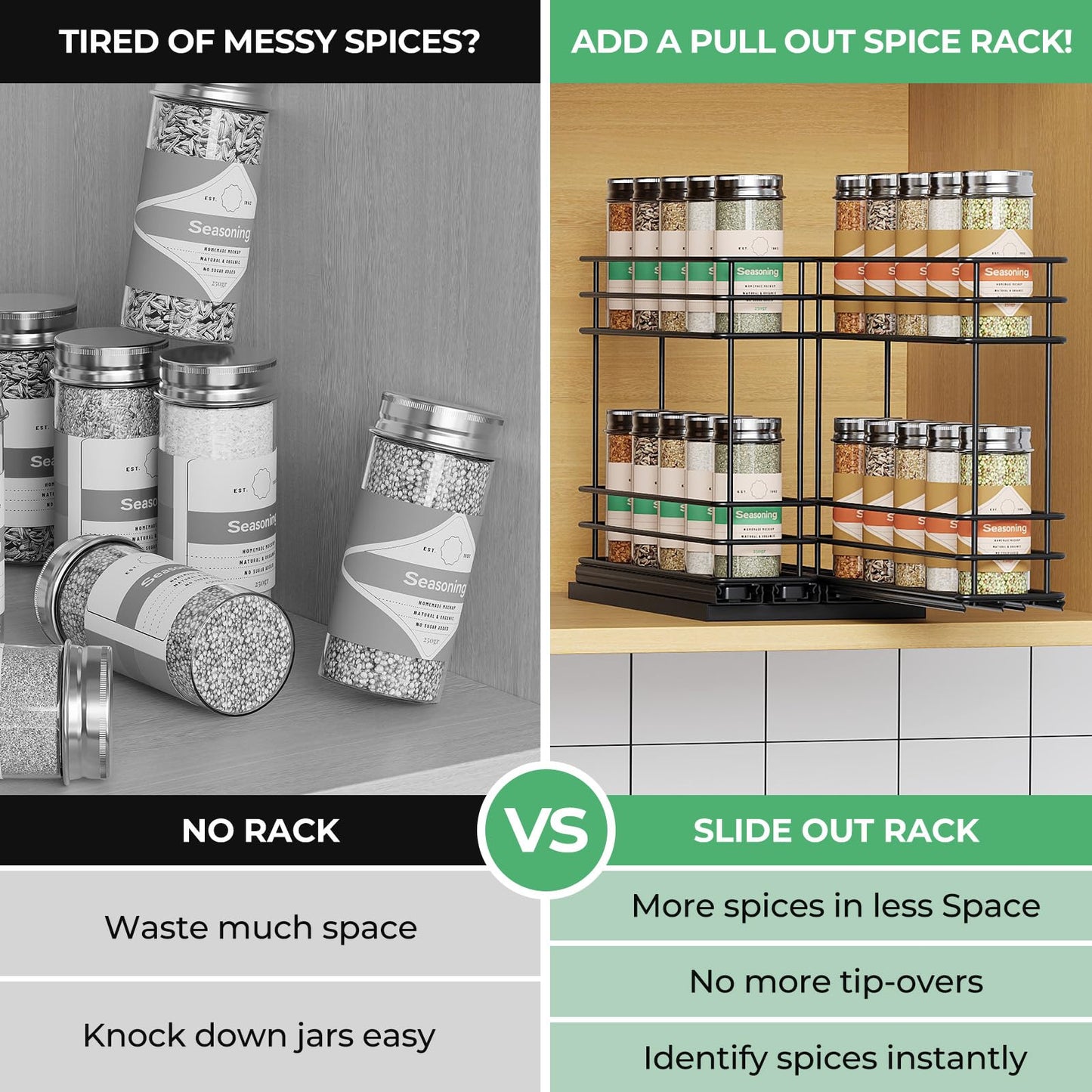 Pull Out Spice Rack Organizer for Cabinet, Slide Out Spice Racks, Easy to Install, 2.1''Wx10.35''Dx8.26''H, 3 Drawers 2 Tiers(Black)