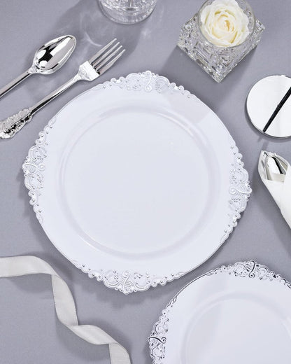 Nervure 350PCS Silver Plastic Plates - Silver Plastic Dinnerware Sets for 50 Guests - 100 Disposable Plates, 150 Silverware, 50 Cups, 50 Napkins for Wedding & Party