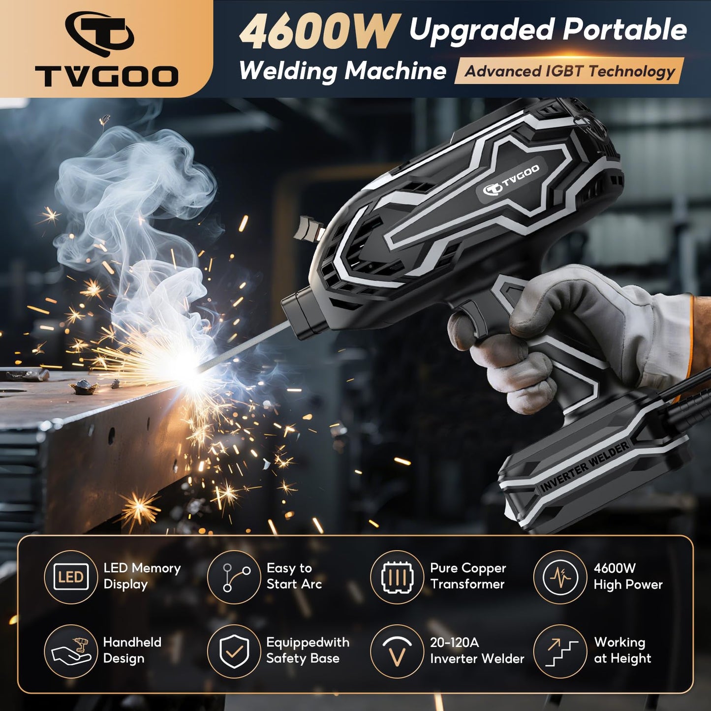 Tvgoo Portable Handheld Welding Machine - Digital Display & Memory Function, 120A 110V IGBT ARC Welder, Hot Start/Anti-Stick for 3/32"-1/8" Rods, Gift for Man (Grey)
