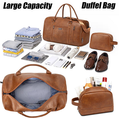 Large Travel Duffel Bag for Women Men, Faux Leather Weekender Overnight Bag with Shoe Compartment, Waterproof Carry On Bag with Toiletry Bag, Travel Tote Bag Gym Bag (Brown)