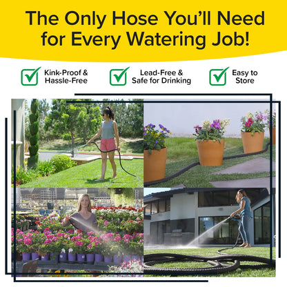 Pocket Hose Silver Bullet 100 ft Turbo Shot Nozzle Multiple Spray Patterns Expandable Garden Hose 3/4 in Solid Aluminum Fittings Lead-Free Lightweight and No-Kink, Black