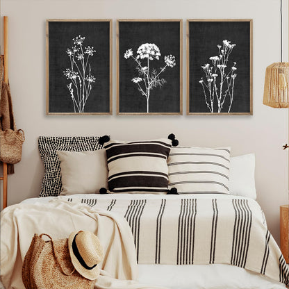 Flower Plant Wall Art Decor 24"x16" Set of 3 Black And White Botanical Painting Wood Framed For Minimalist Bedroom Office Rustic Living Room Abstract Wildflower Sign Hanging (Wood Black)