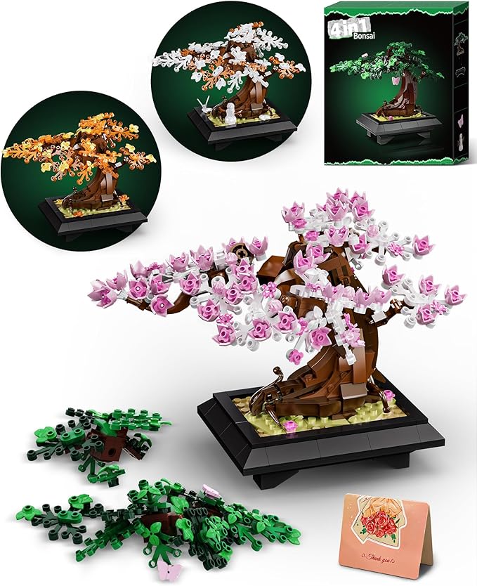 4 in 1 Bonsai Tree Building Set Four Season Cherry Bonsai Tree Building Kit Artificial Plant Decor for Home Desk Greenery Mother's Day Present Xmas Gifts for Adults Girls&ampBoys (529pcs)