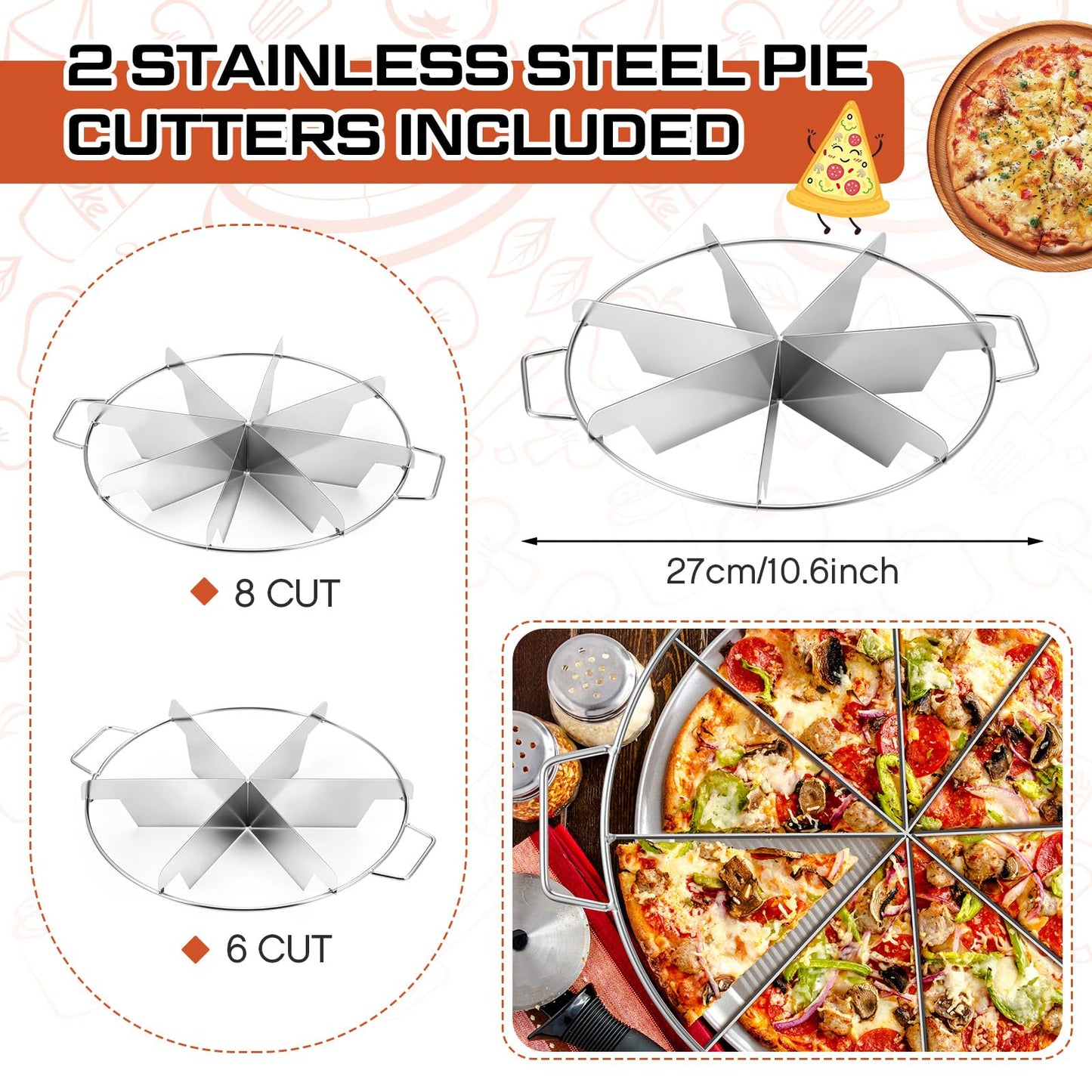 2 Pieces Pie Cutter Cake Marker Round 10.6 Inches Diameter Stainless Steel Cake Cutter Slicer Rust Proof, Divider with Side Handle Press for Commercial Home(8 Slice,6 Slice)