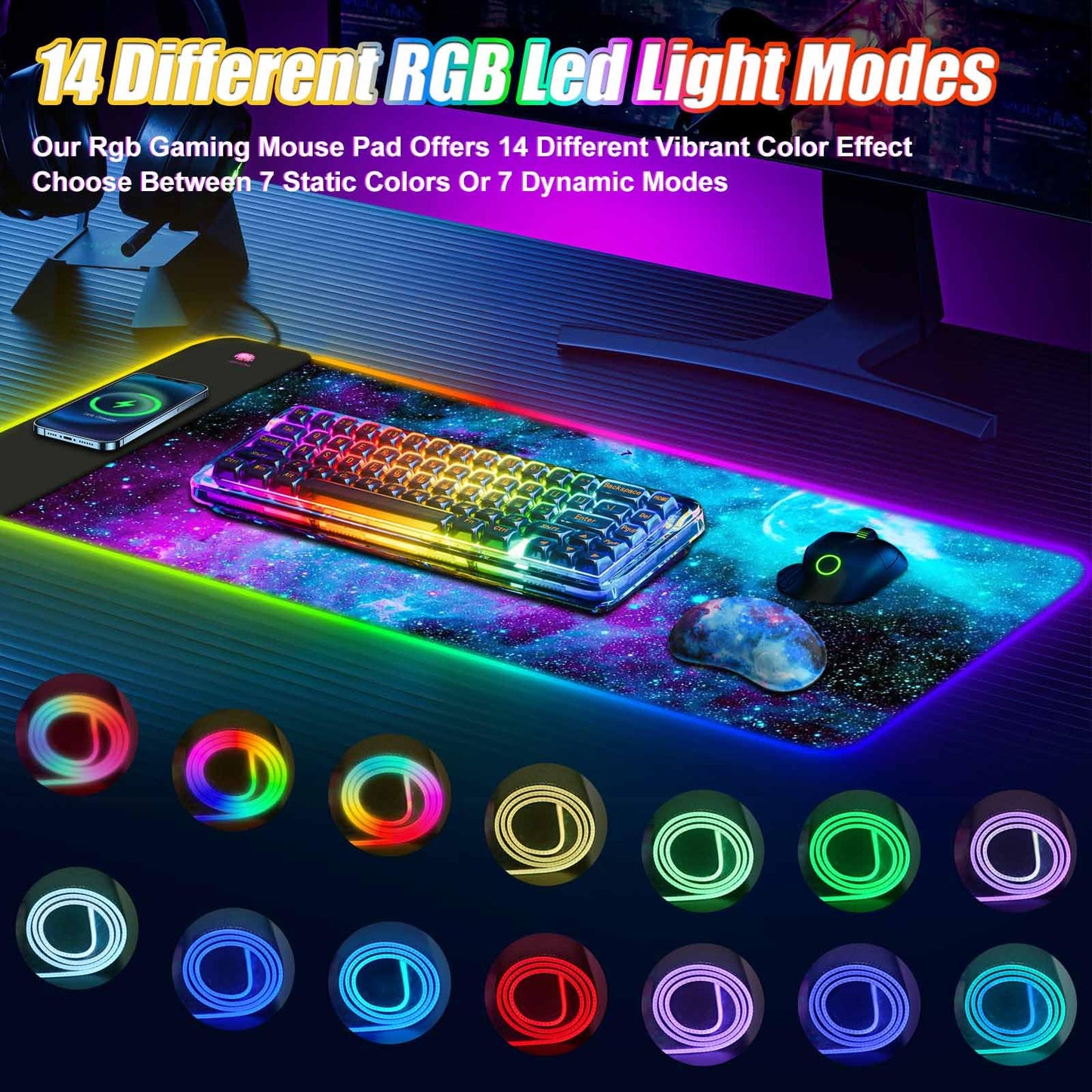 ToLuLu Wireless Charging RGB Gaming Mouse Pad, 15W LED Mouse Mat with 30W Charger, 14 Light Modes Large Mousepad with Wrist Support, Non-Slip Rubber Base Desk Mat Computer Keyboard Pad, Galaxy Nebula