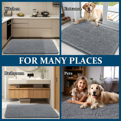 OLANLY Dog Door Mat Set - 4-Piece Absorbent Non-Slip Washable Doormat | Quick Dry Chenille Mud Mat, 30x20, Grey