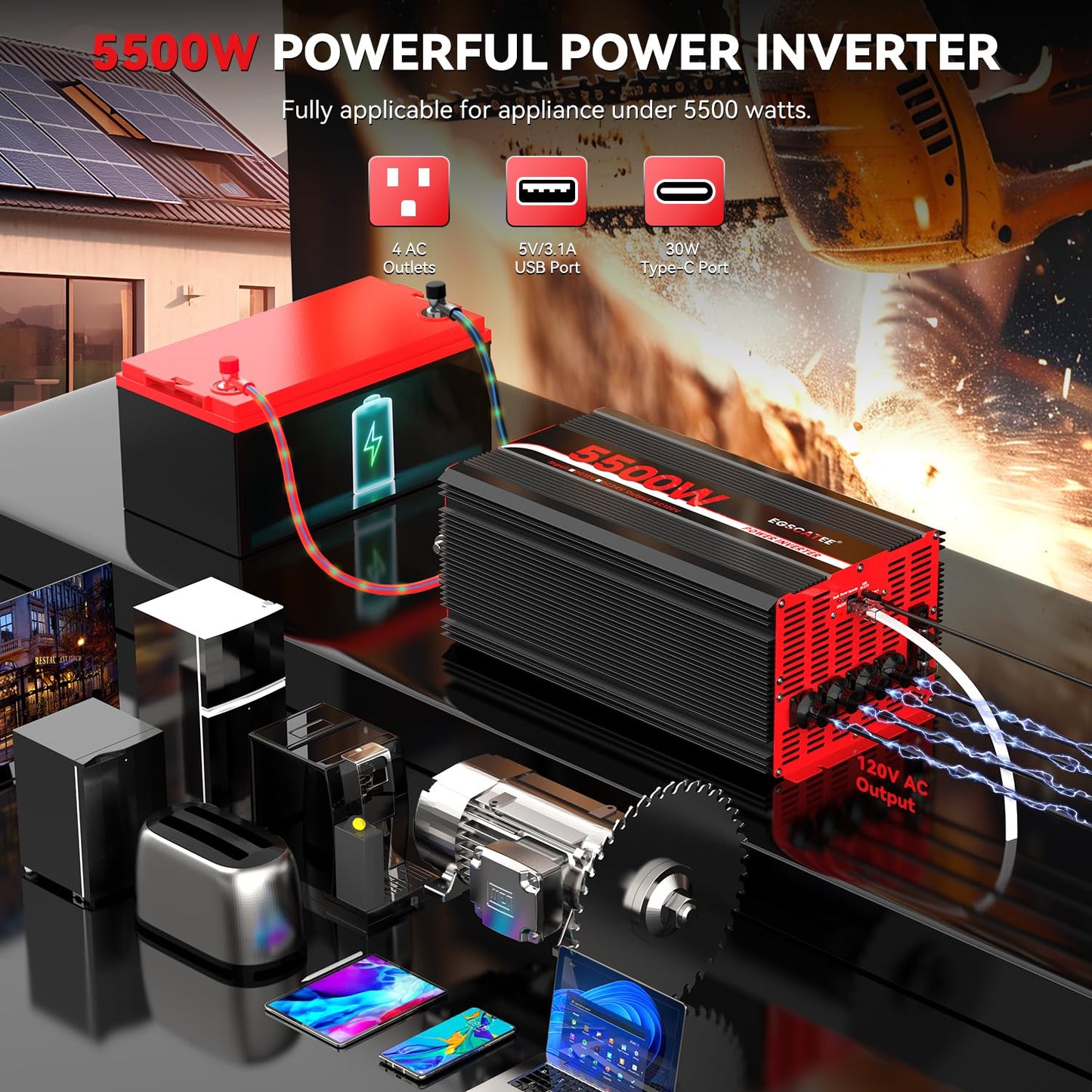 5500W Power Inverter 12V DC to 120V AC, 11000W Peak Off-Grid Solar Converter for 12V Battery Bank, RV, Truck & Home Backup Power System, 4 AC Outlets, USB & Type-C Port, LCD Remote Controller
