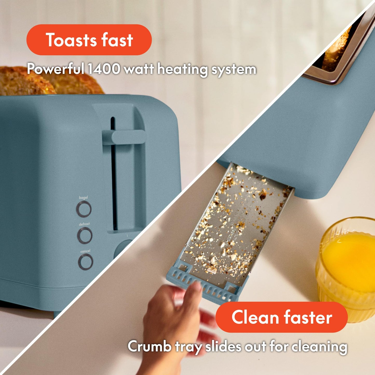 bella 2 Slice Slim Toaster, Fits-anywhere™ Kitchenware, 6 Setting Shade Control with Reheat & Cancel Buttons, Fits sourdough, 10” Long Slot, Anti Jam & Auto Shutoff, 900 Watt, Surf