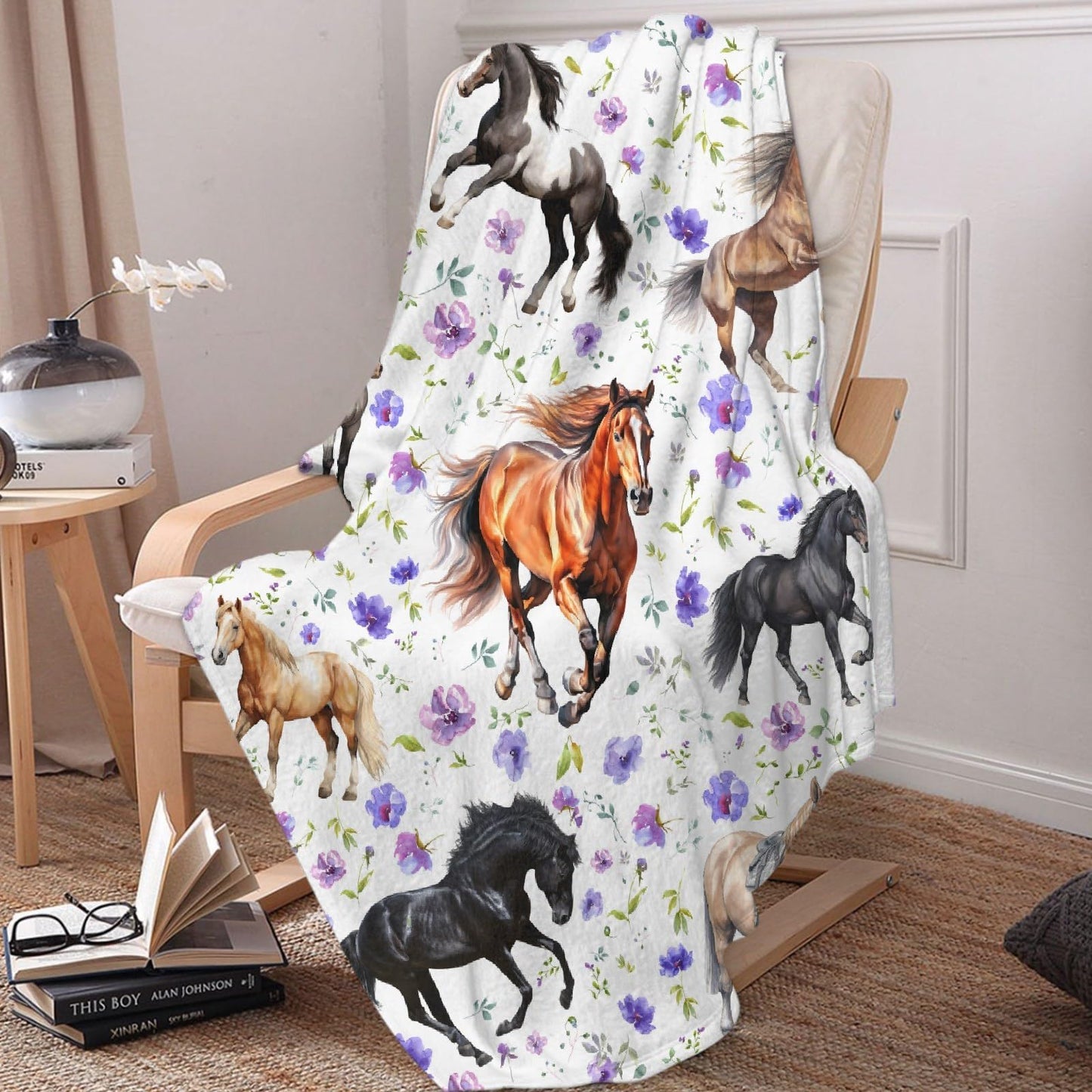 Horse Flower Blanket for Boys and Girls - Cozy Soft Flannel Lightweight Warm Gift for Horse Lovers - Used for Room Bed Camping 40"x50" for Kids Children