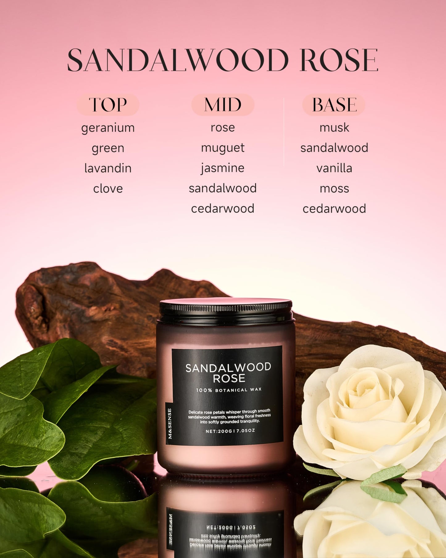 M&SENSE Sandalwood Rose Home Scented Candles, 7.05oz Natural Soy Wax, 50 Hours Slow Burning Romantic Smelling Scent for Women, Housewarming Gifts for Family Friends