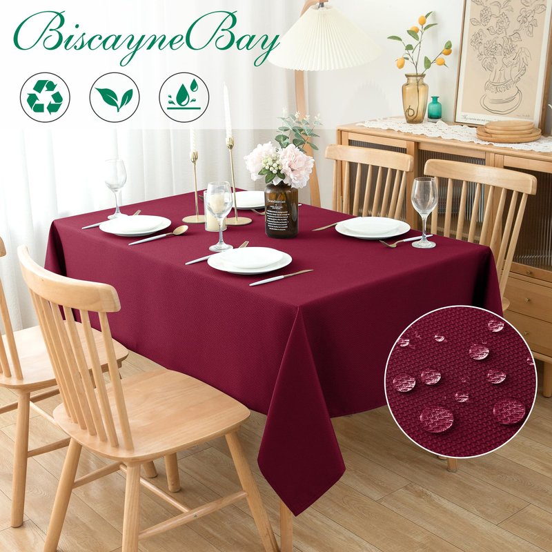 Biscaynebay Textured Fabric Rectangle Christmas Tablecloths 90x156 Inch, Gold Water Resistant Tablecloths for Dining, Kitchen, Wedding, Parties etc. Machine Washable