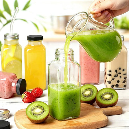 TUZAZO 10 PACK 16 Oz Glass Juice Bottles with Lids, Reusable Travel Drinking Jars Juice Containers, Glass Bottles for Juicing with Brush, Straws, Lids with Hole