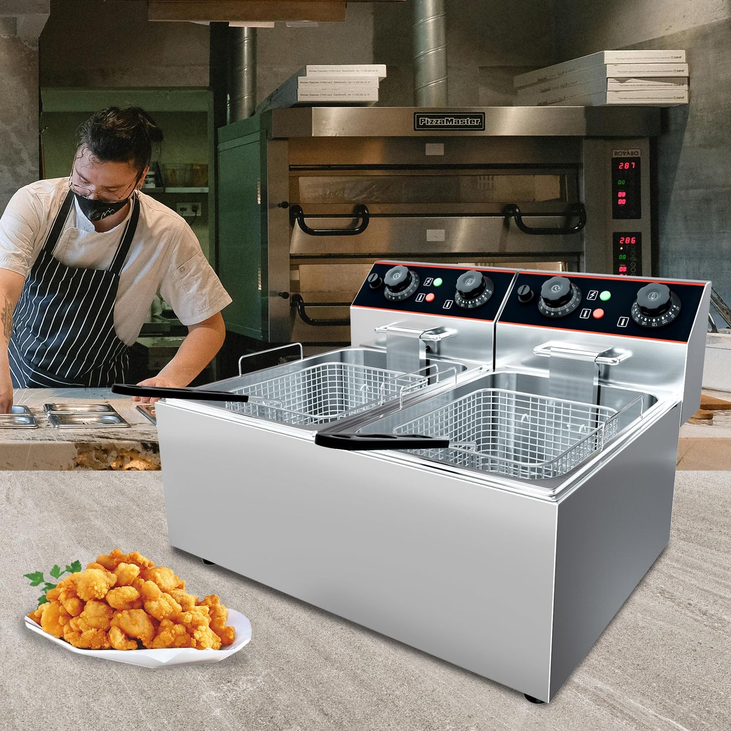 GarveeHome Commercial Deep Fryer with Basket, 16.8 QT Stainless Steel Electric Countertop Fryer with Double Tanks and Temperature Control for Restaurant and Home Use, 1800 W+1800 W