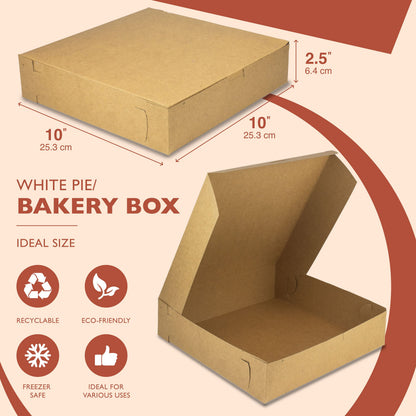 Fit Meal Prep [25 Pack Pie Boxes 10x10x2.5 Kraft Square Bakery Boxes for Cookies, Cheesecake, Chocolate Covered Strawberries, Dessert Brown Paper Cardboard Sweet Boxes for Treats